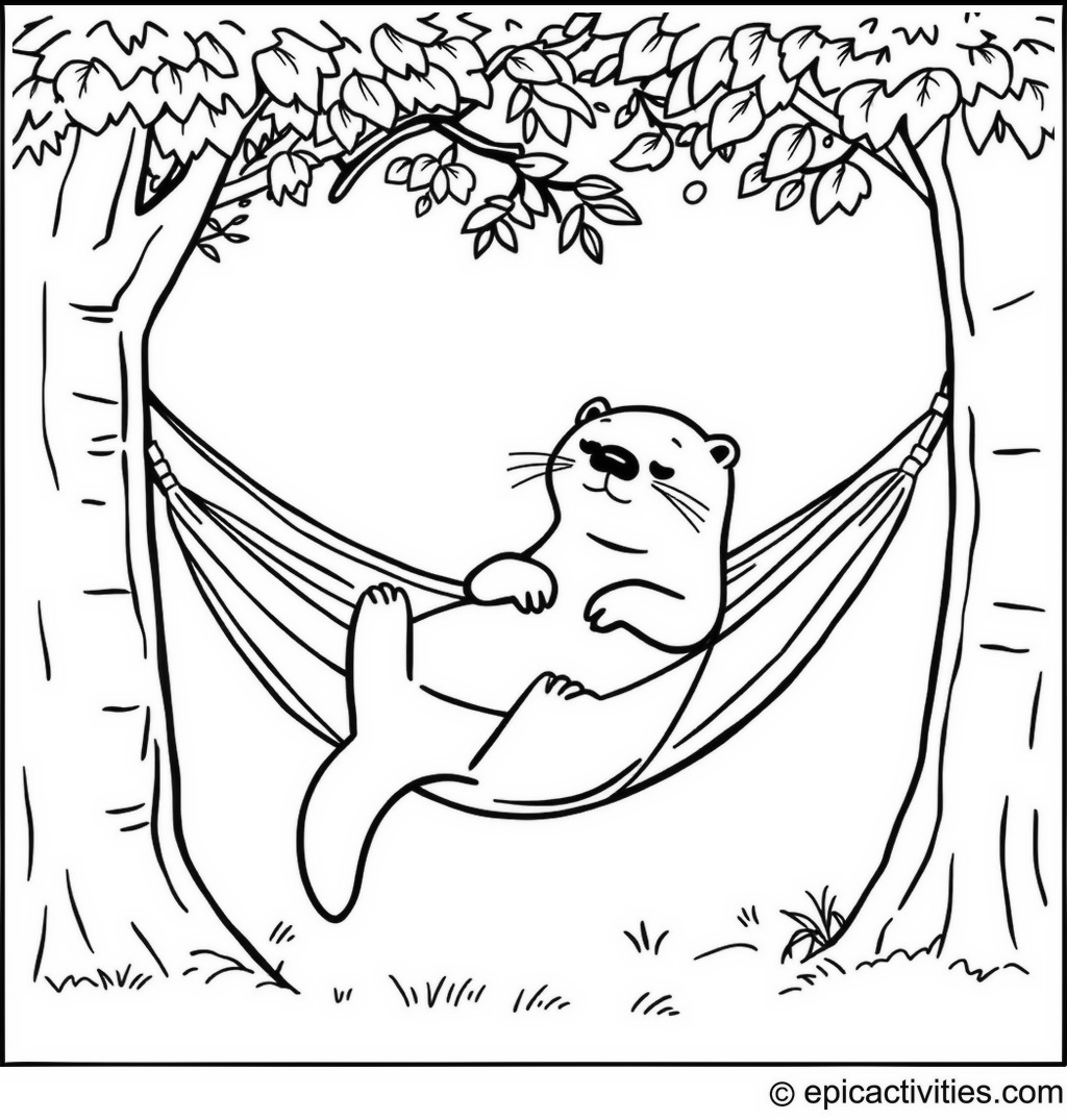 Coloring page of a Sleepy Otter Relaxing in a Hammock