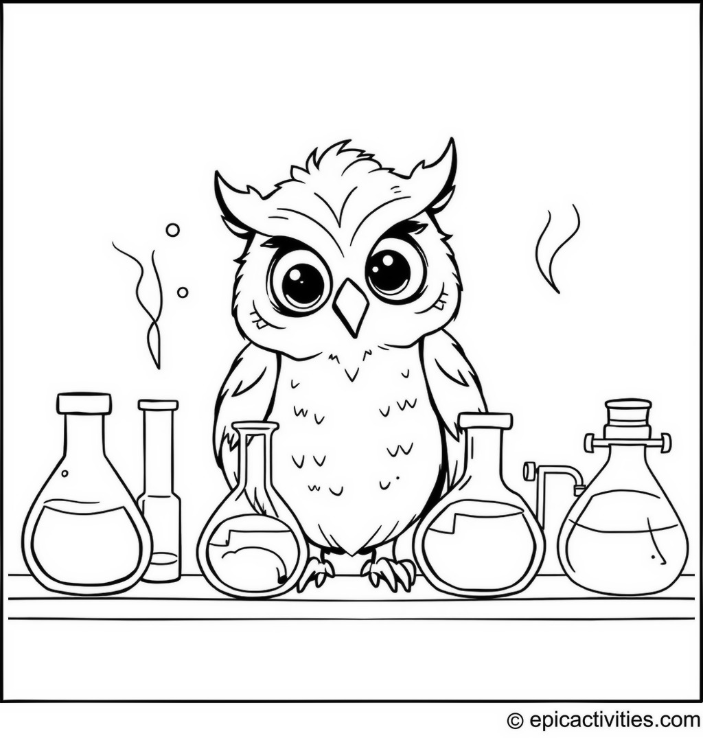 Coloring page of a Smart Owl in a Science Experiment