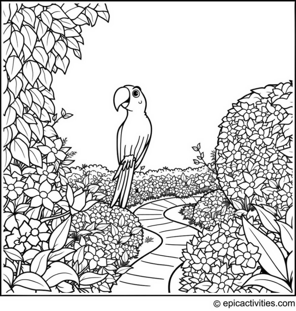 Coloring page of a Smart Parrot Maze Adventure