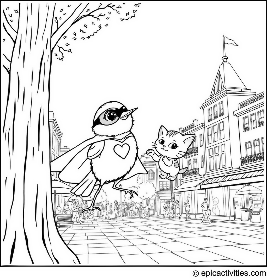 Coloring page of a Super Chickadee Rescuing a Kitten
