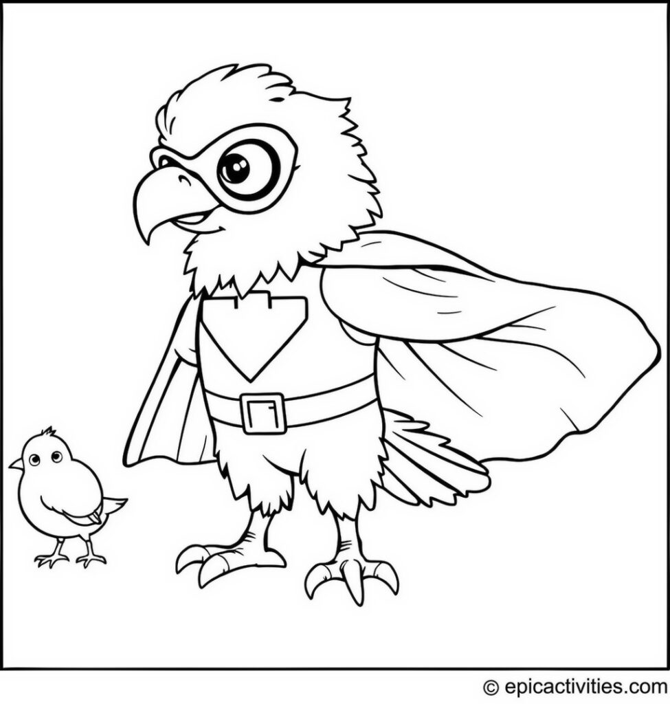 Coloring page of a superhero eagle saving other birds