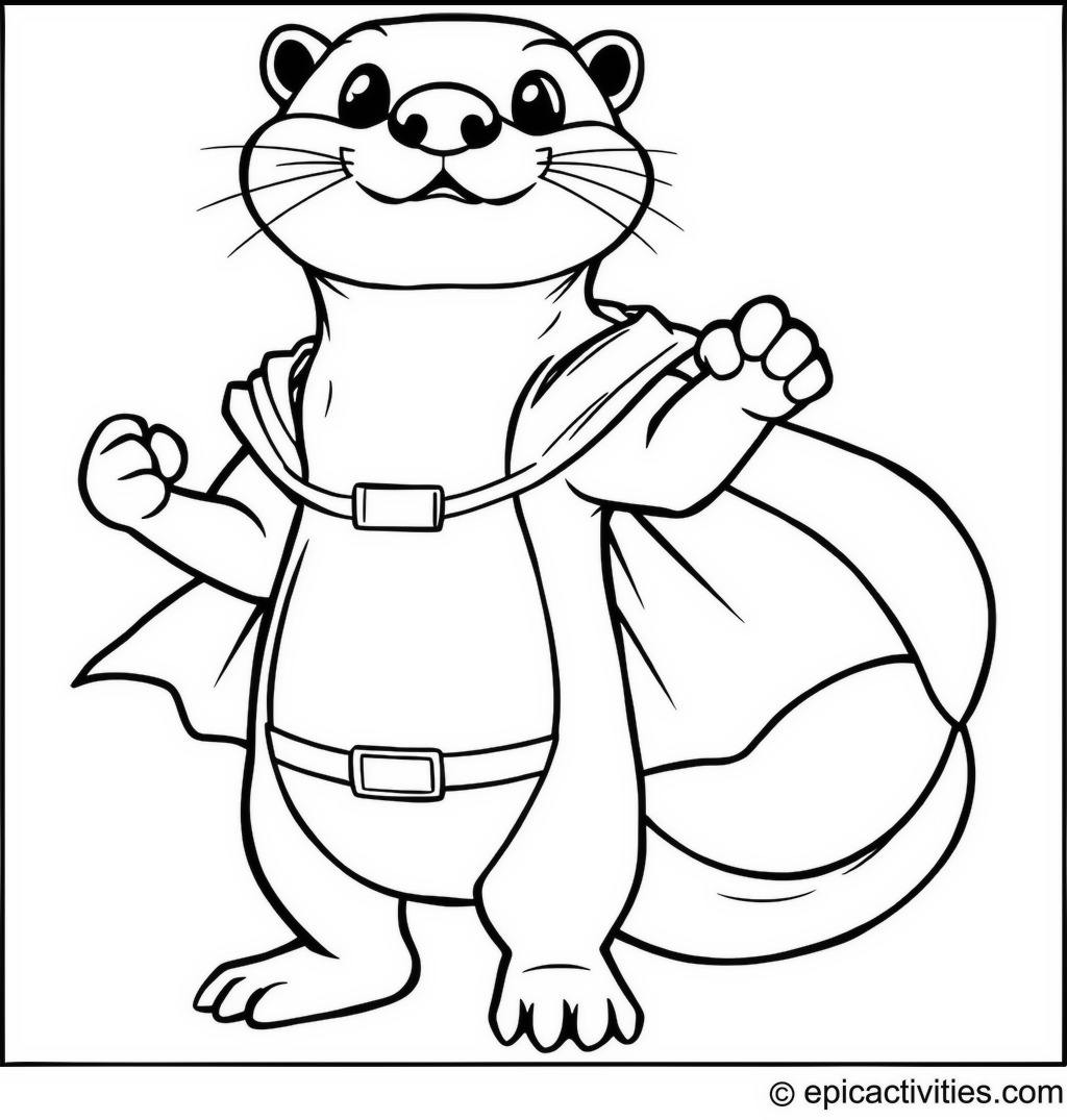 Coloring page of a superhero otter in a cape striking a heroic pose