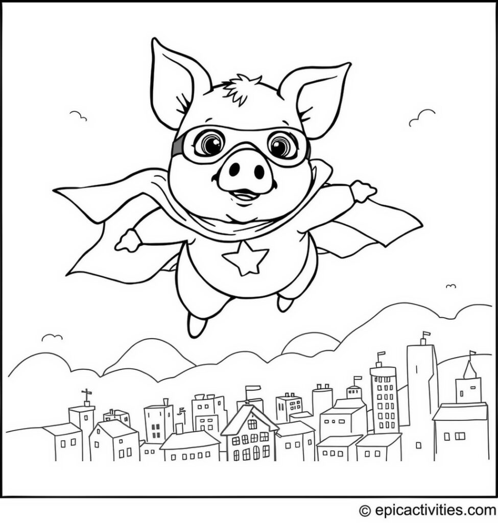 Coloring page of a superhero pig flying above a town