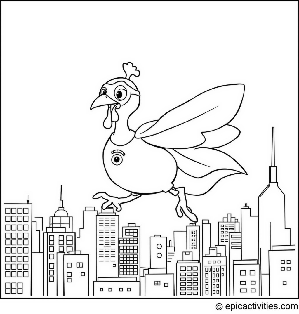 Coloring page of a Superhero Turkey Flying Over the City