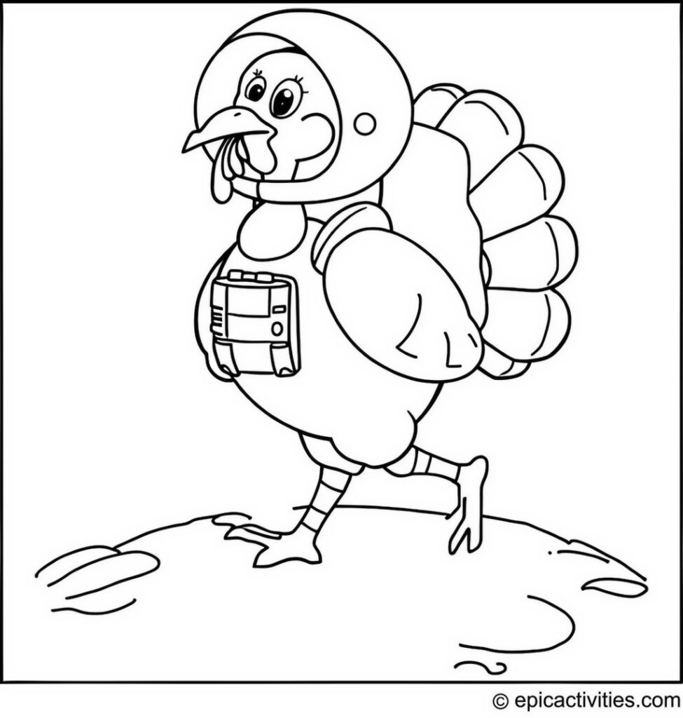 Coloring page of a Turkey Astronaut on the Moon