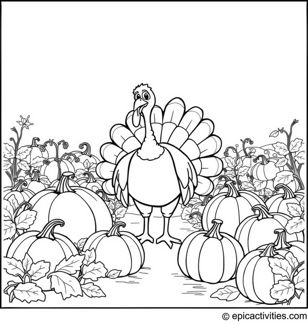 Coloring page of a Turkey at the Pumpkin Patch