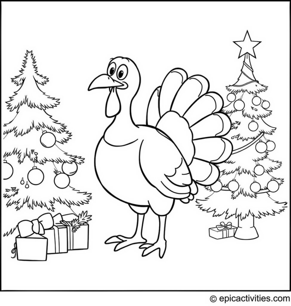 Coloring page of a turkey decorating a Christmas tree