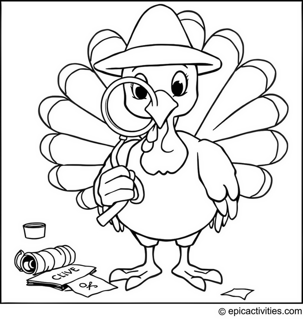 Coloring page of a Turkey Detective Solving a Mystery