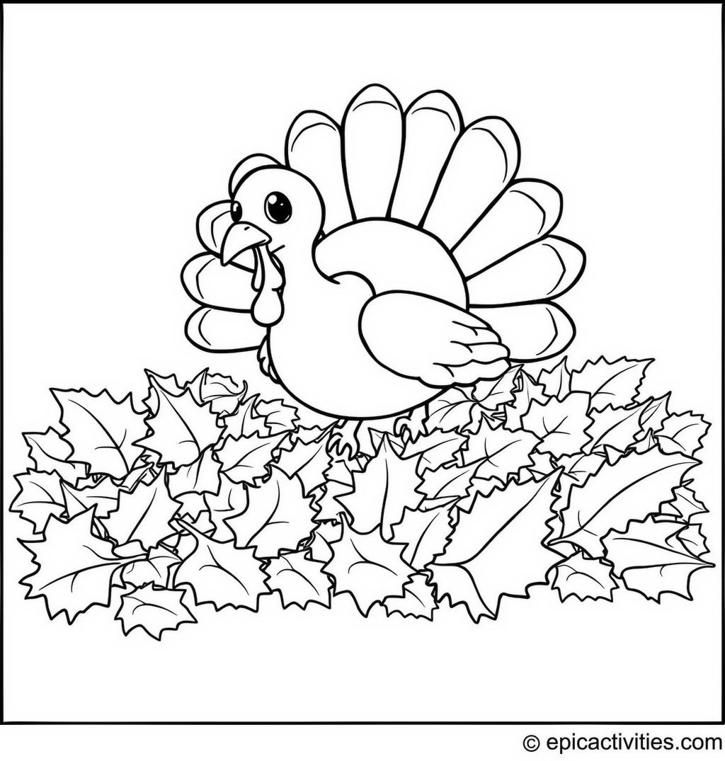 Coloring page of a Turkey Diving into Autumn Leaves
