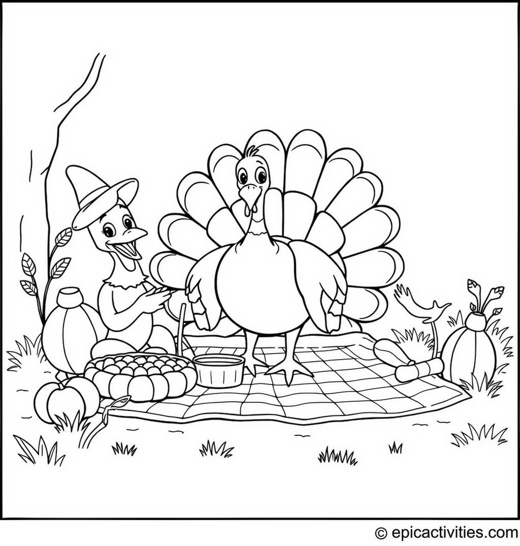 Coloring page of a turkey enjoying a picnic with friends