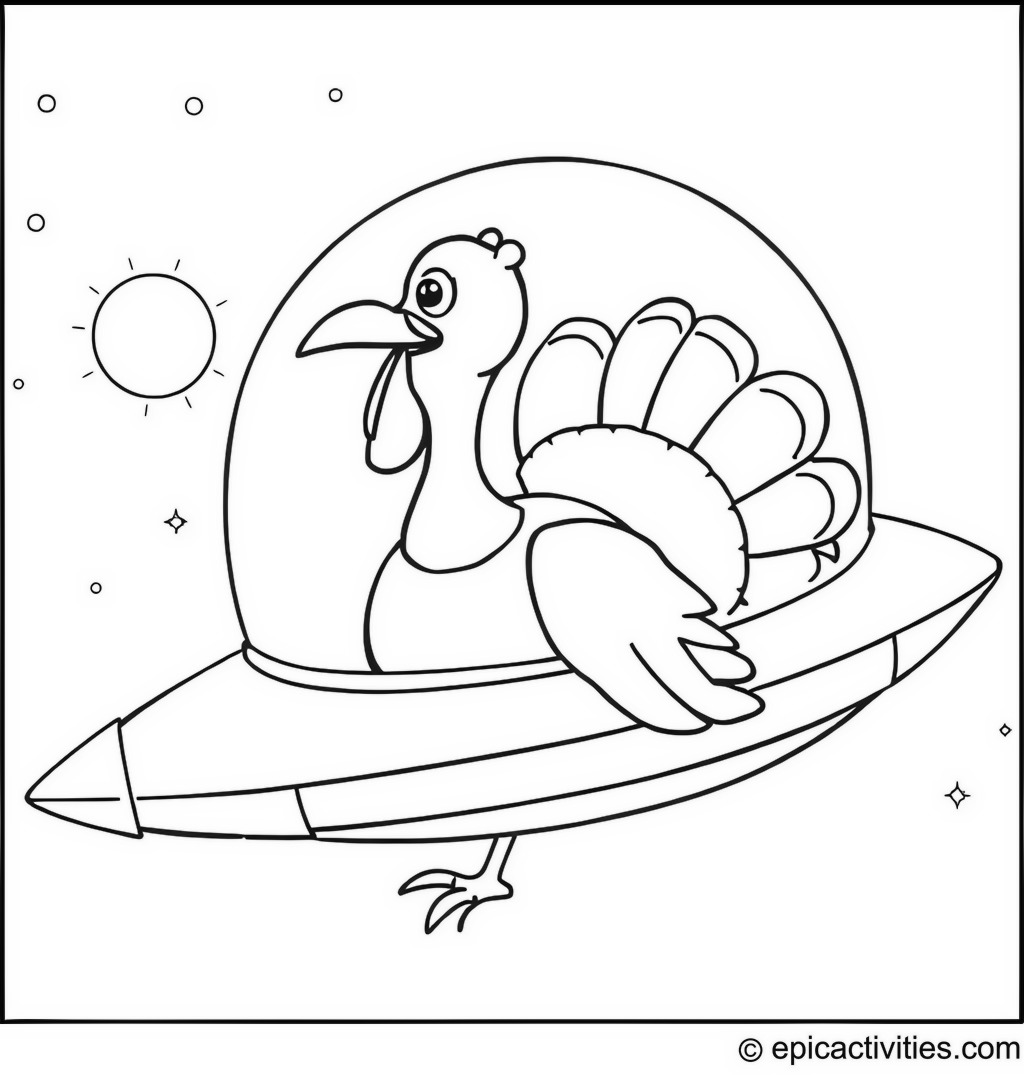 Coloring page of a turkey exploring outer space in a spaceship