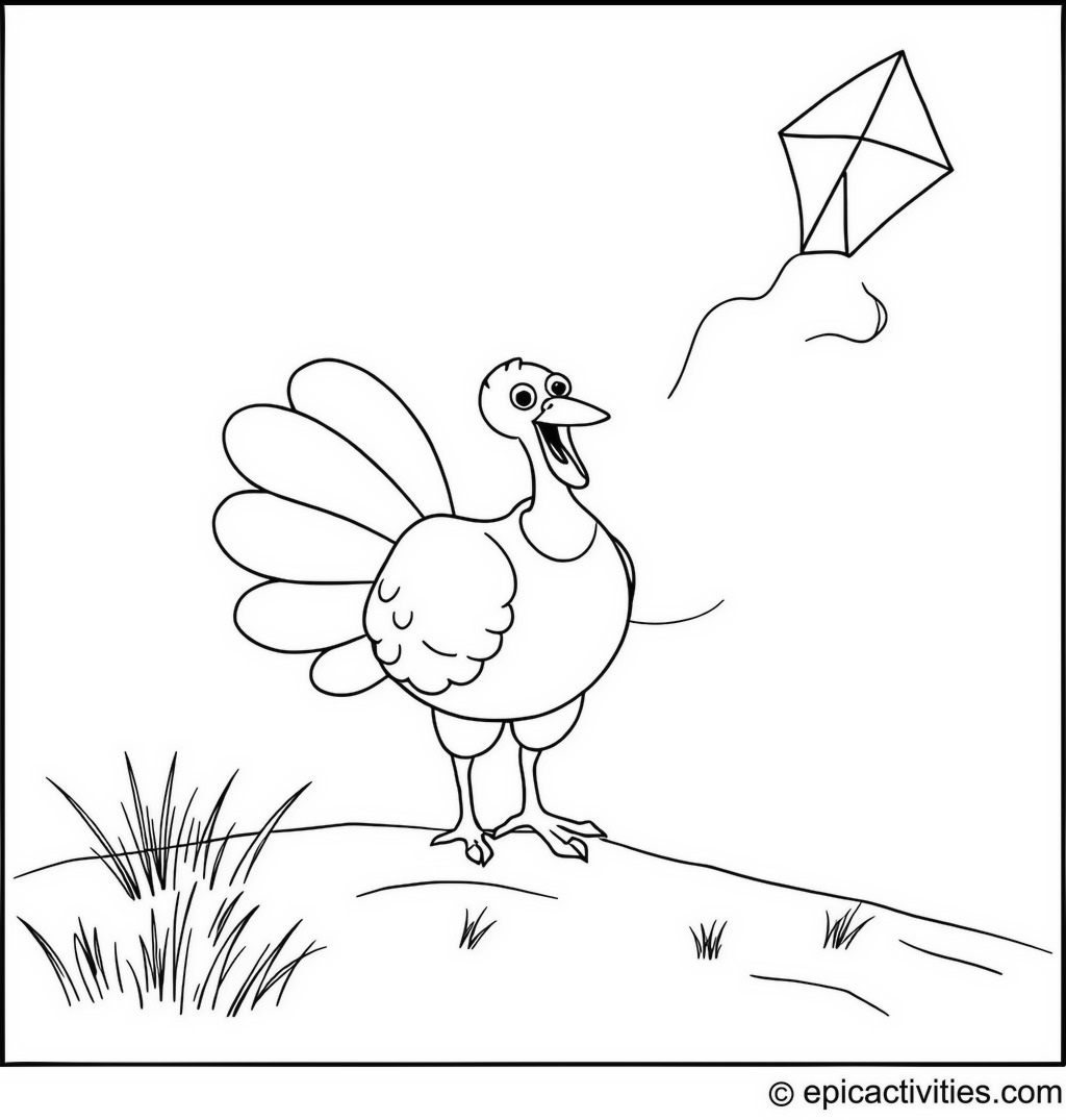 Coloring page of a Turkey Flying a Kite on a Windy Day