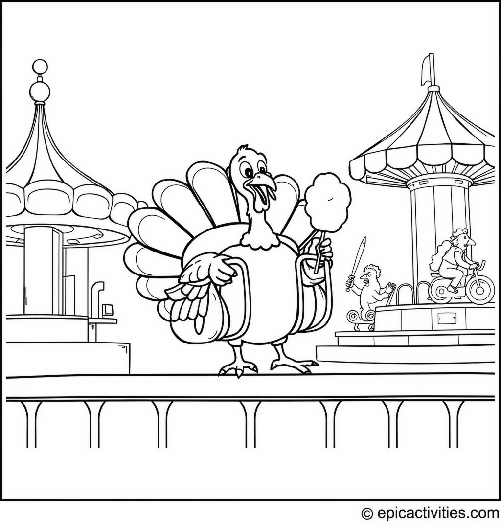 Coloring page of a Turkey Having Fun at the Amusement Park