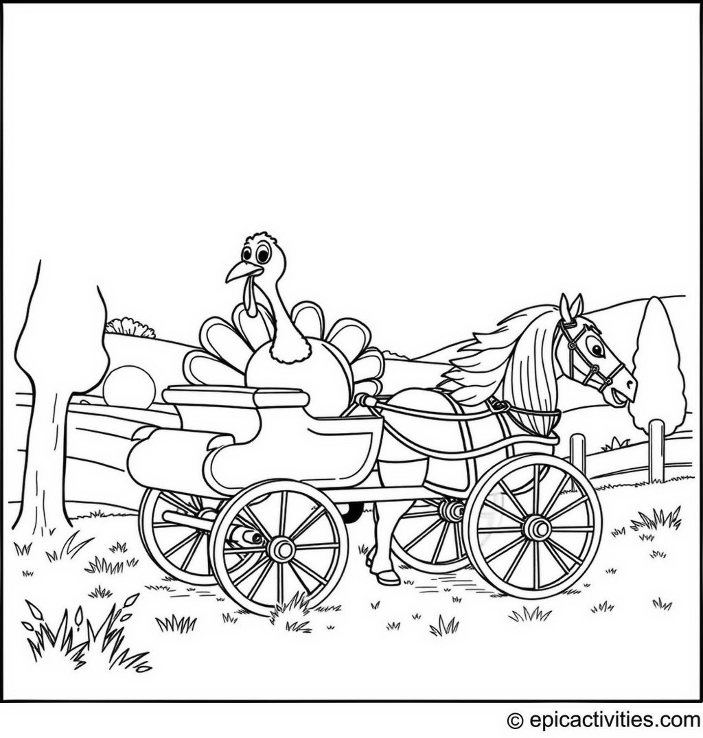 Coloring page of a turkey in a horse-drawn carriage exploring the countryside