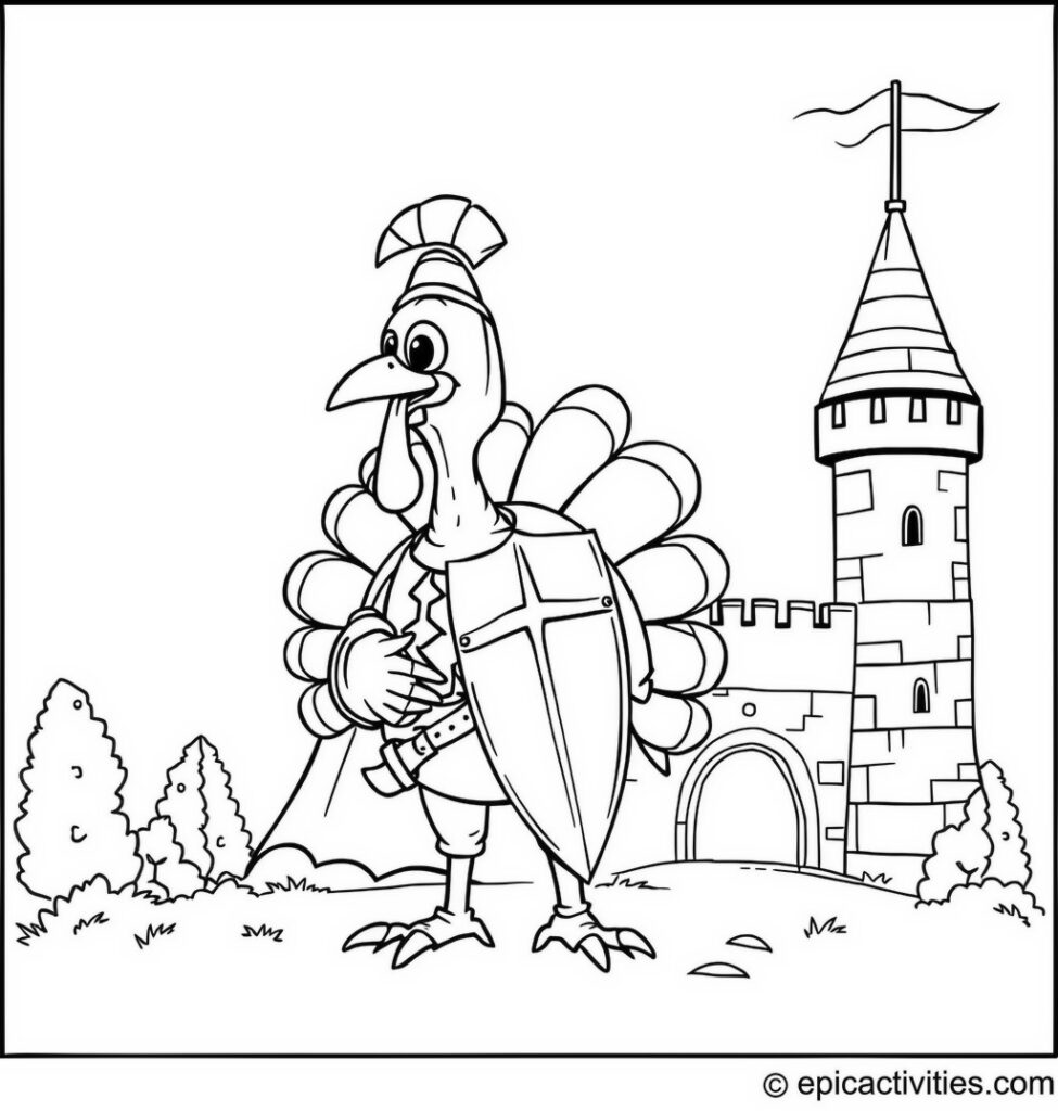 Coloring page of a Turkey Knight Guarding a Castle