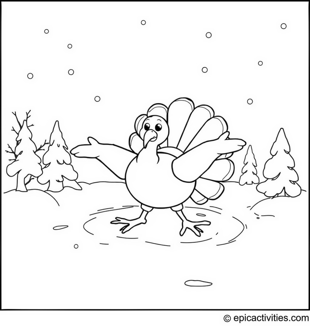 Coloring page of a turkey making snow angels in a winter wonderland
