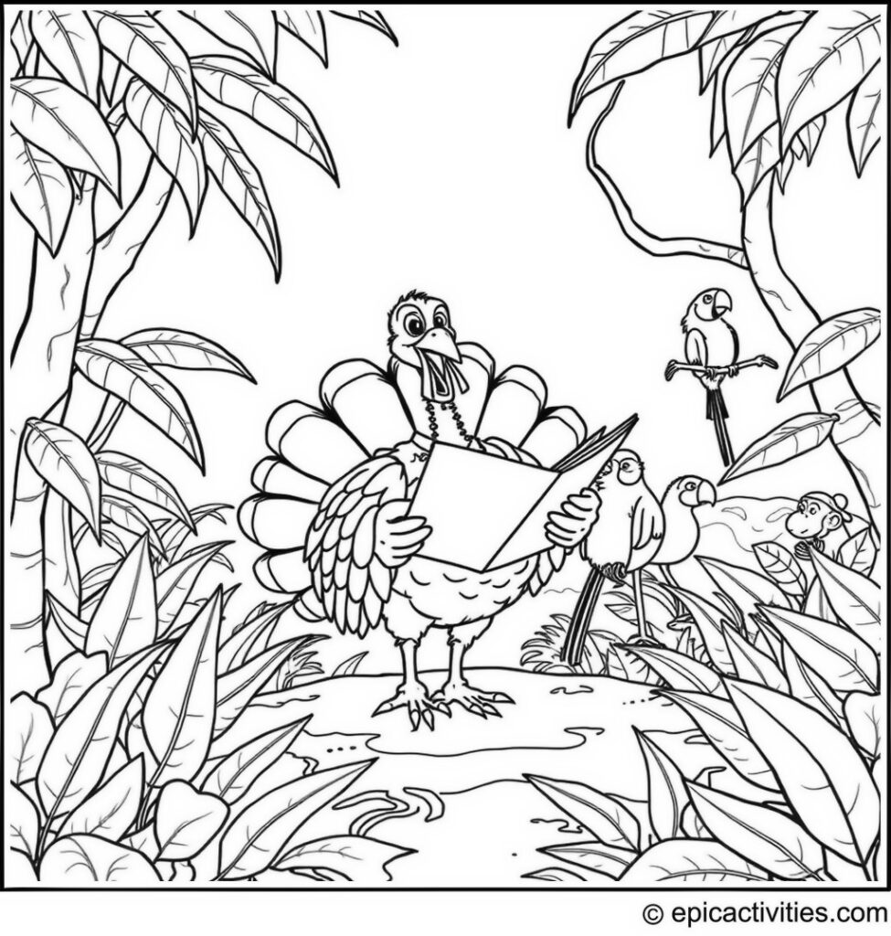 Coloring page of a Turkey Navigating a Jungle Adventure with Monkeys and Parrots