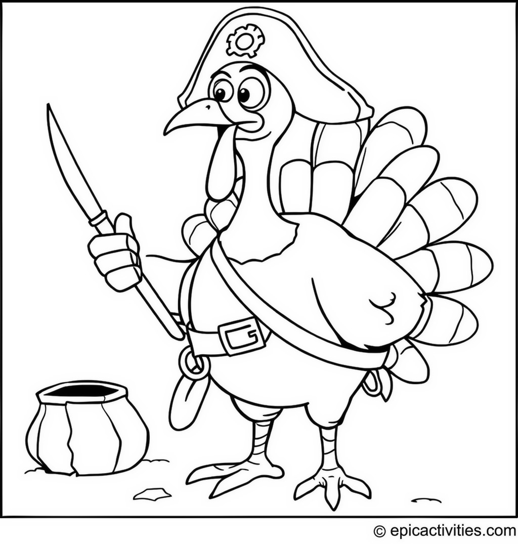 Coloring page of a Turkey Pirate on a Treasure Hunt