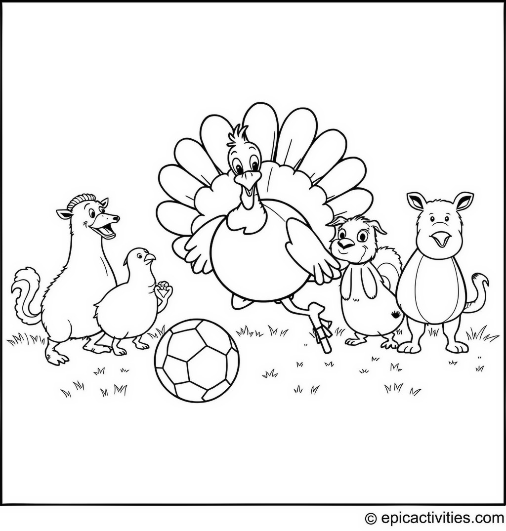 Coloring page of a turkey playing soccer with animals