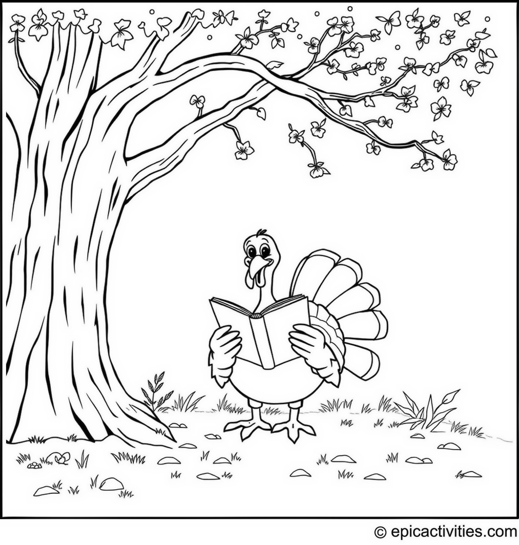Coloring page of a Turkey Reading a Book under a Tree