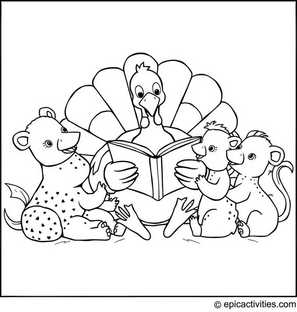 Coloring page of a Turkey Reading Bedtime Stories to Baby Animals