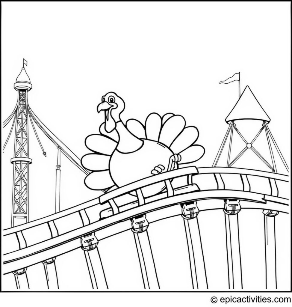 Coloring page of a Turkey Riding a Rollercoaster at an Amusement Park
