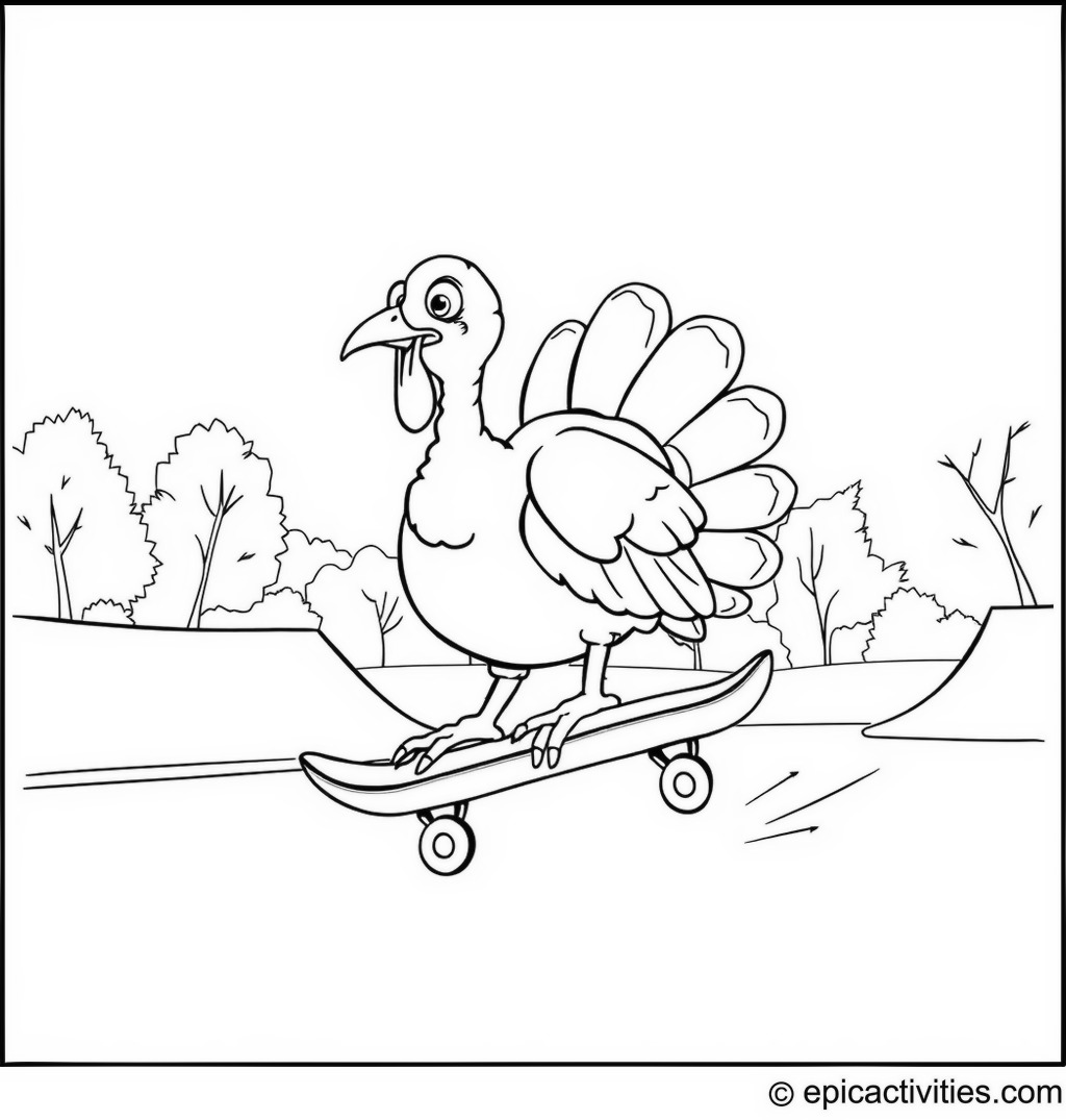 Coloring page of a Turkey Riding a Skateboard in a Skate Park