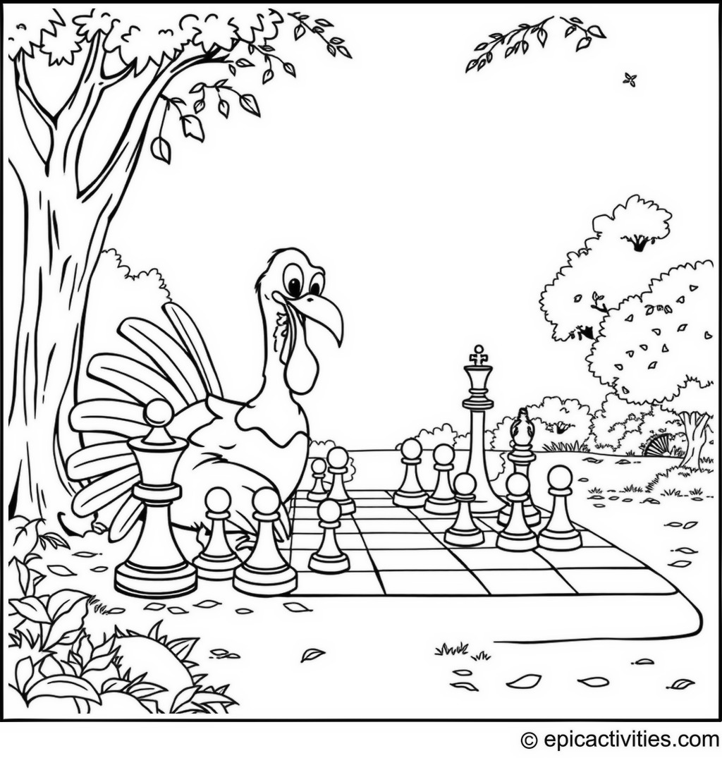 Coloring page of a Turkey Strategizing in a Park Chess Game