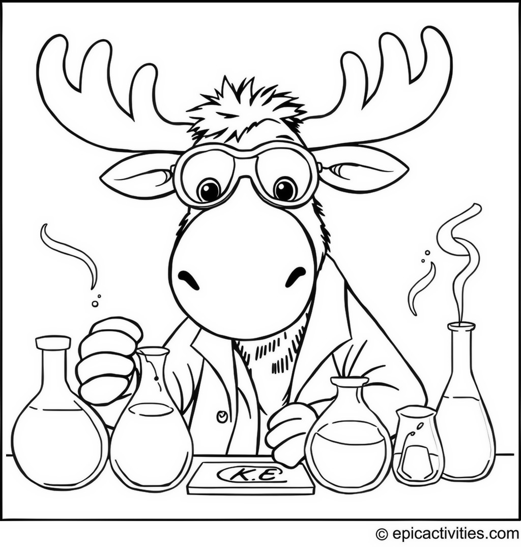 Coloring page of a whimsical and cute moose doing a science experiment with colorful potions