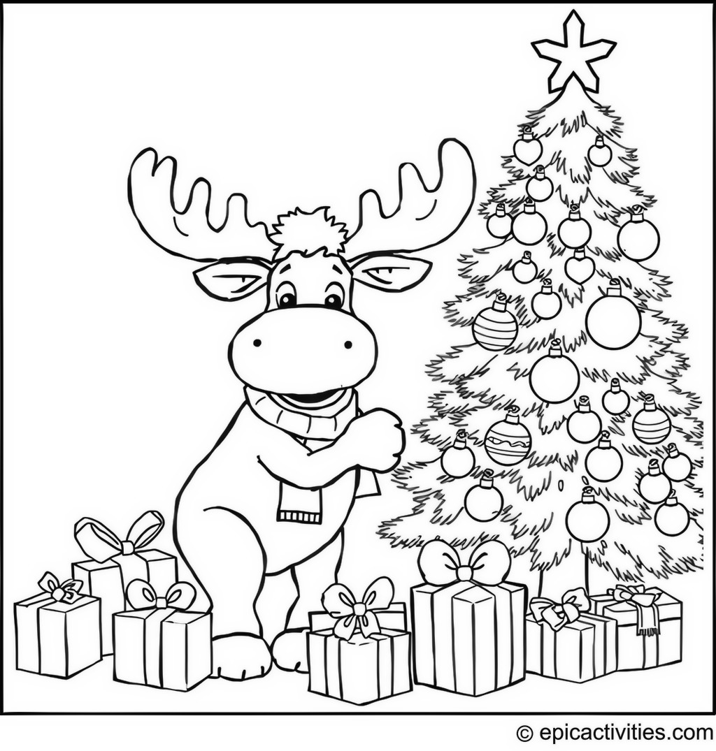 Coloring page of a whimsical and cute moose decorating a Christmas tree