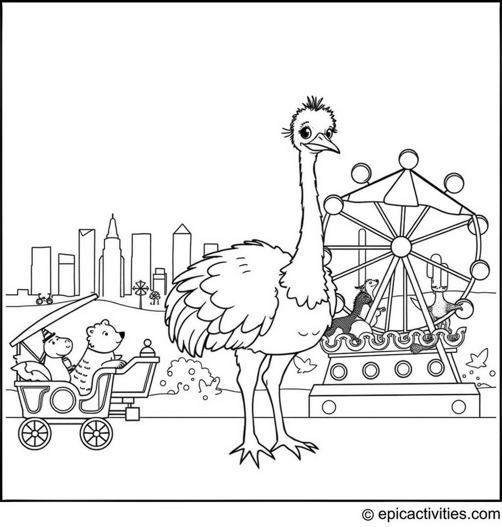 Coloring page of a whimsical carnival with an ostrich riding a Ferris wheel