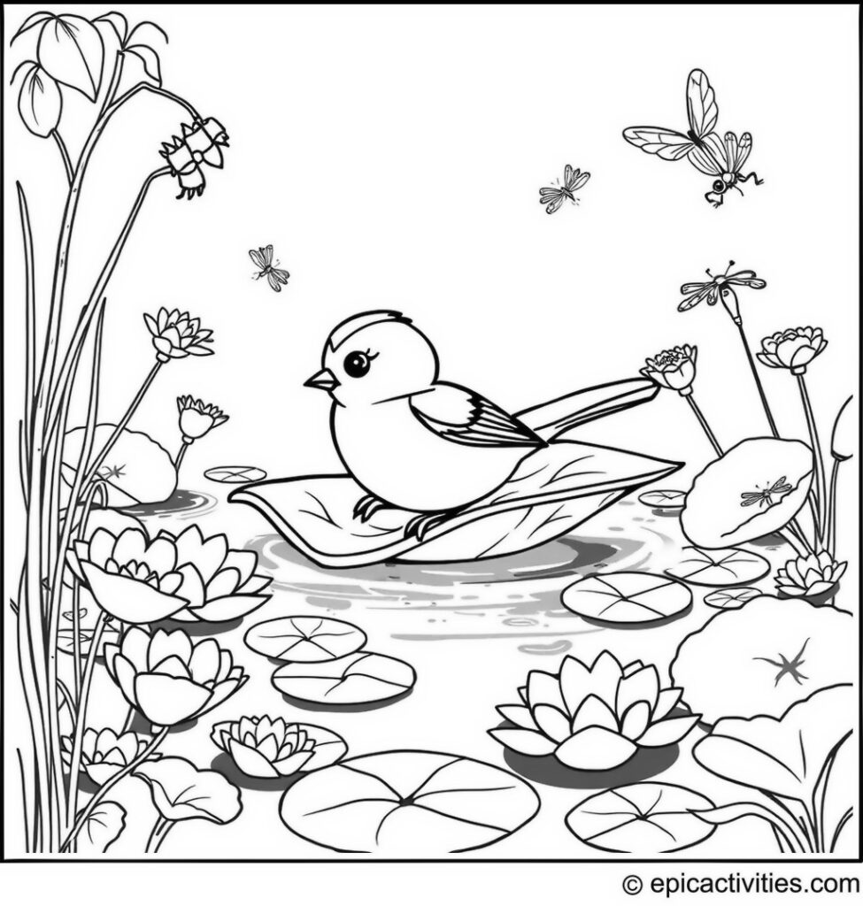 Coloring page of a whimsical chickadee on a leaf in a delightful pond
