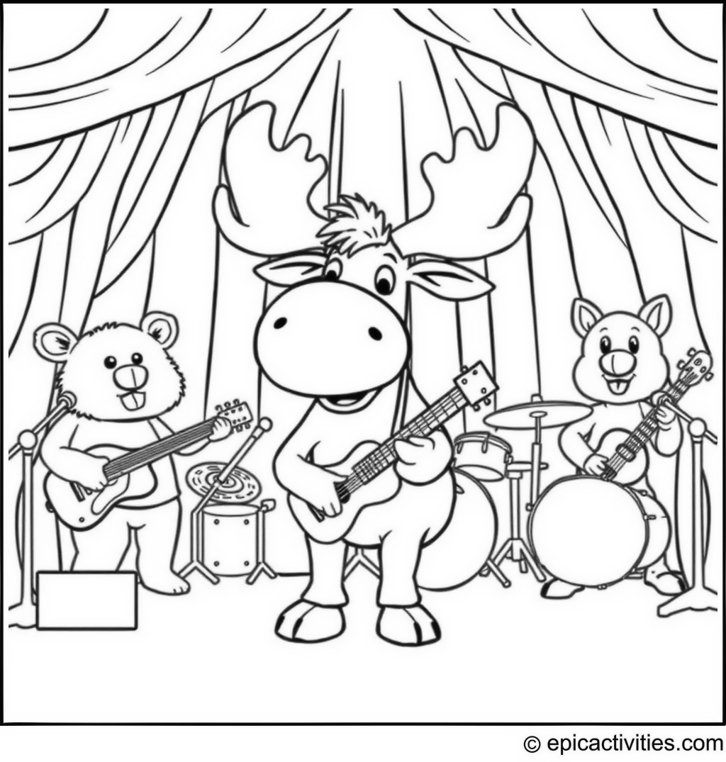 Coloring page of a Whimsical Moose and Friends Band