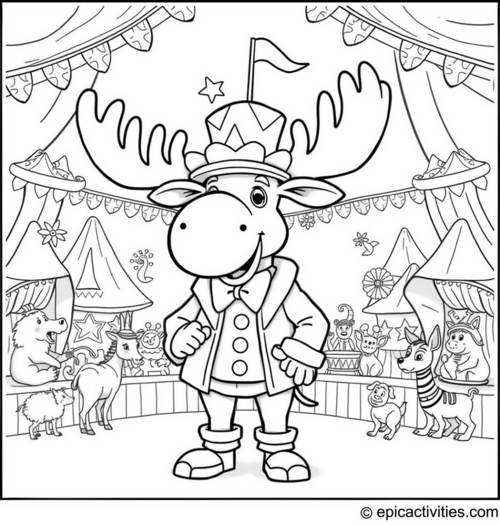 Coloring page of a Whimsical Moose Circus Ringmaster