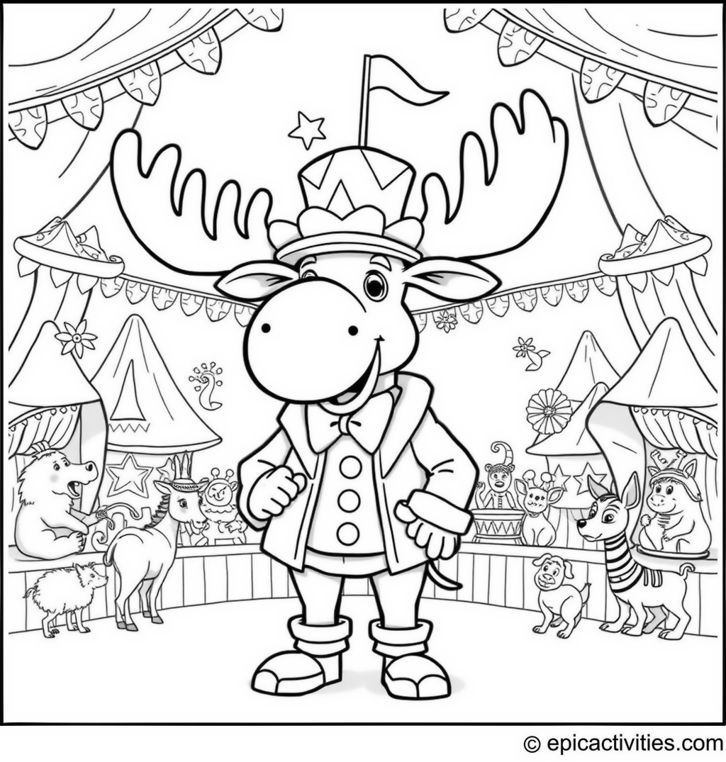 Coloring page of a Whimsical Moose Circus Ringmaster