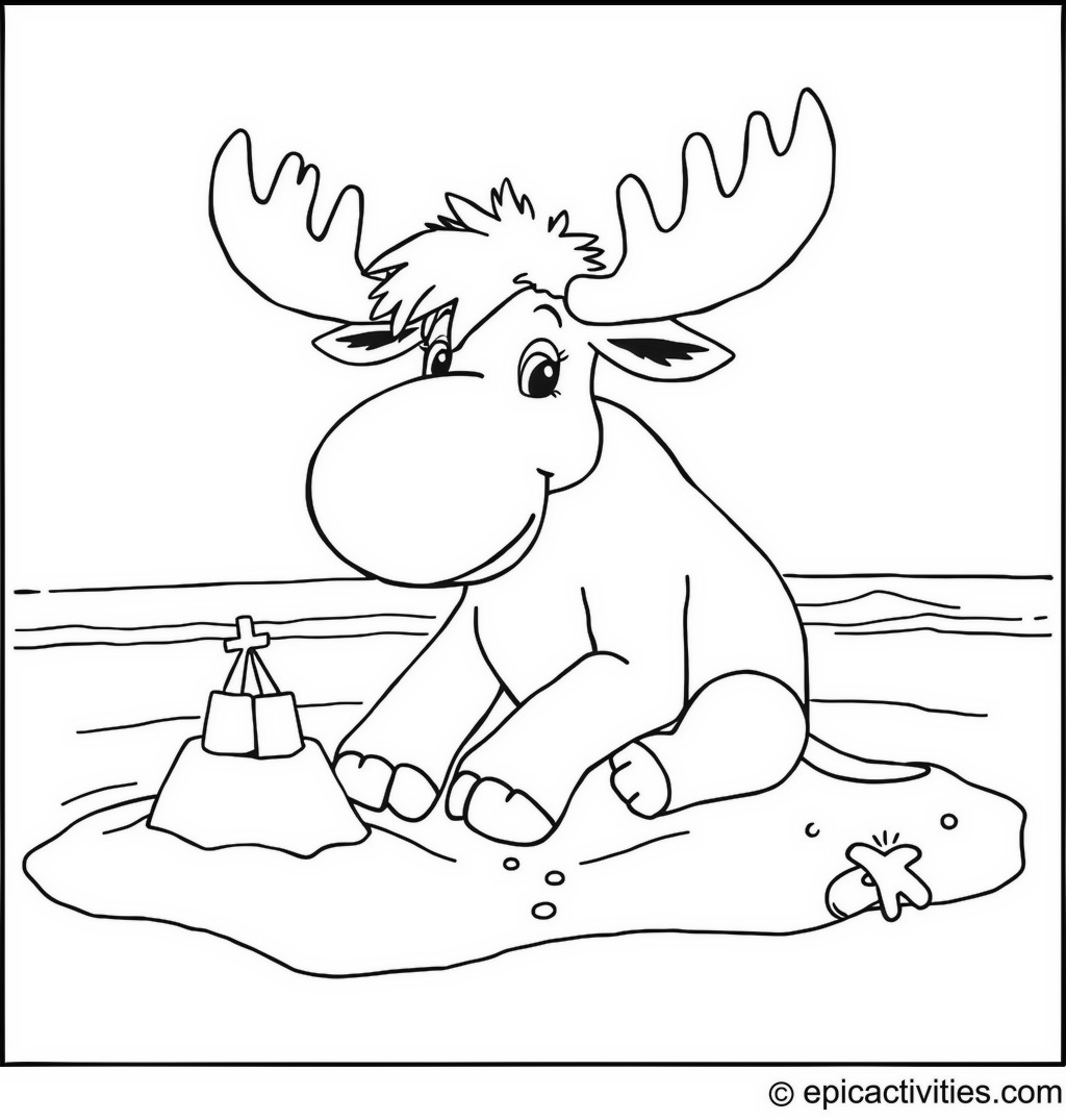 Coloring page of a Whimsical Moose Enjoying a Fun Day at the Beach