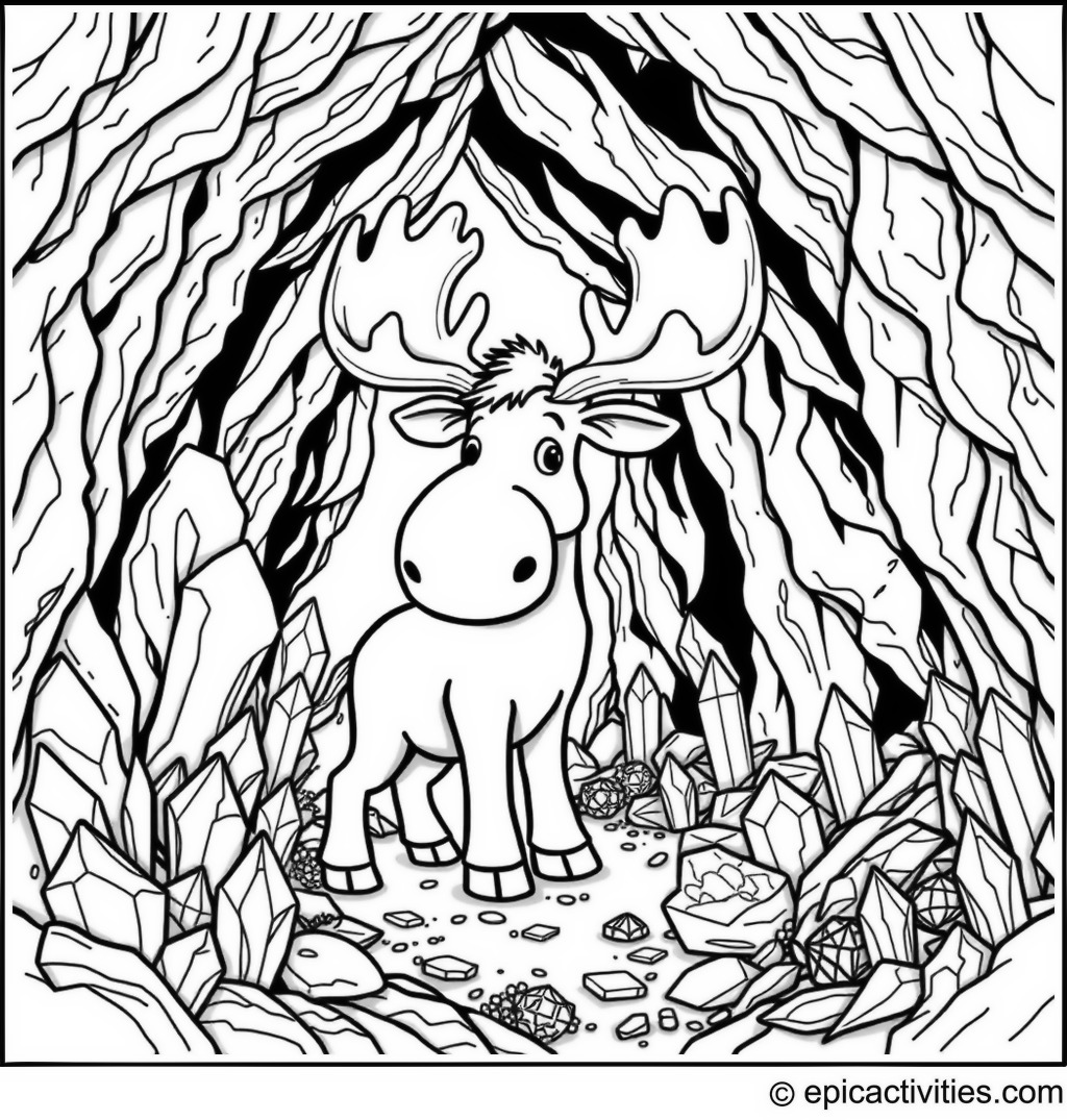 Coloring page of a Whimsical Moose Exploring a Crystal-Filled Cave