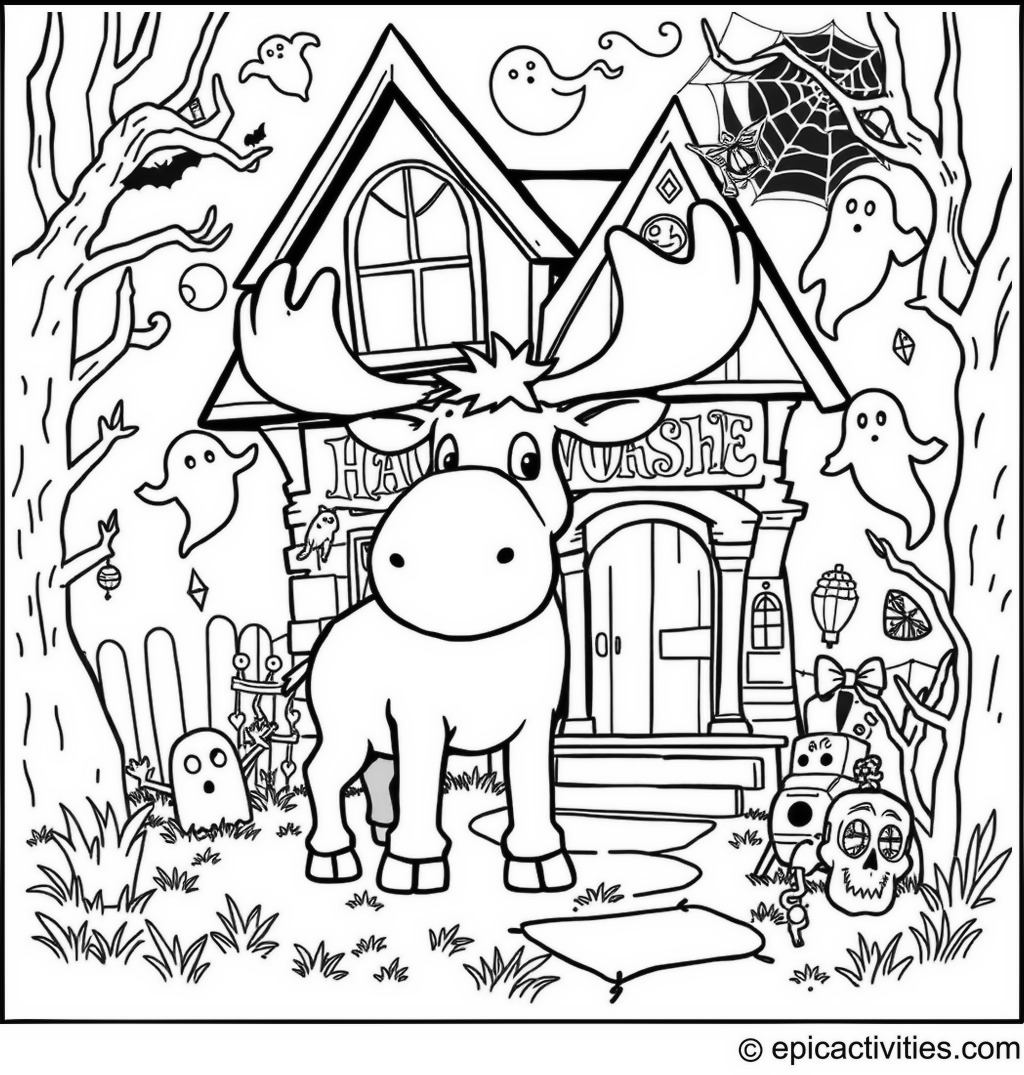 Coloring page of a Whimsical Moose Exploring a Haunted House