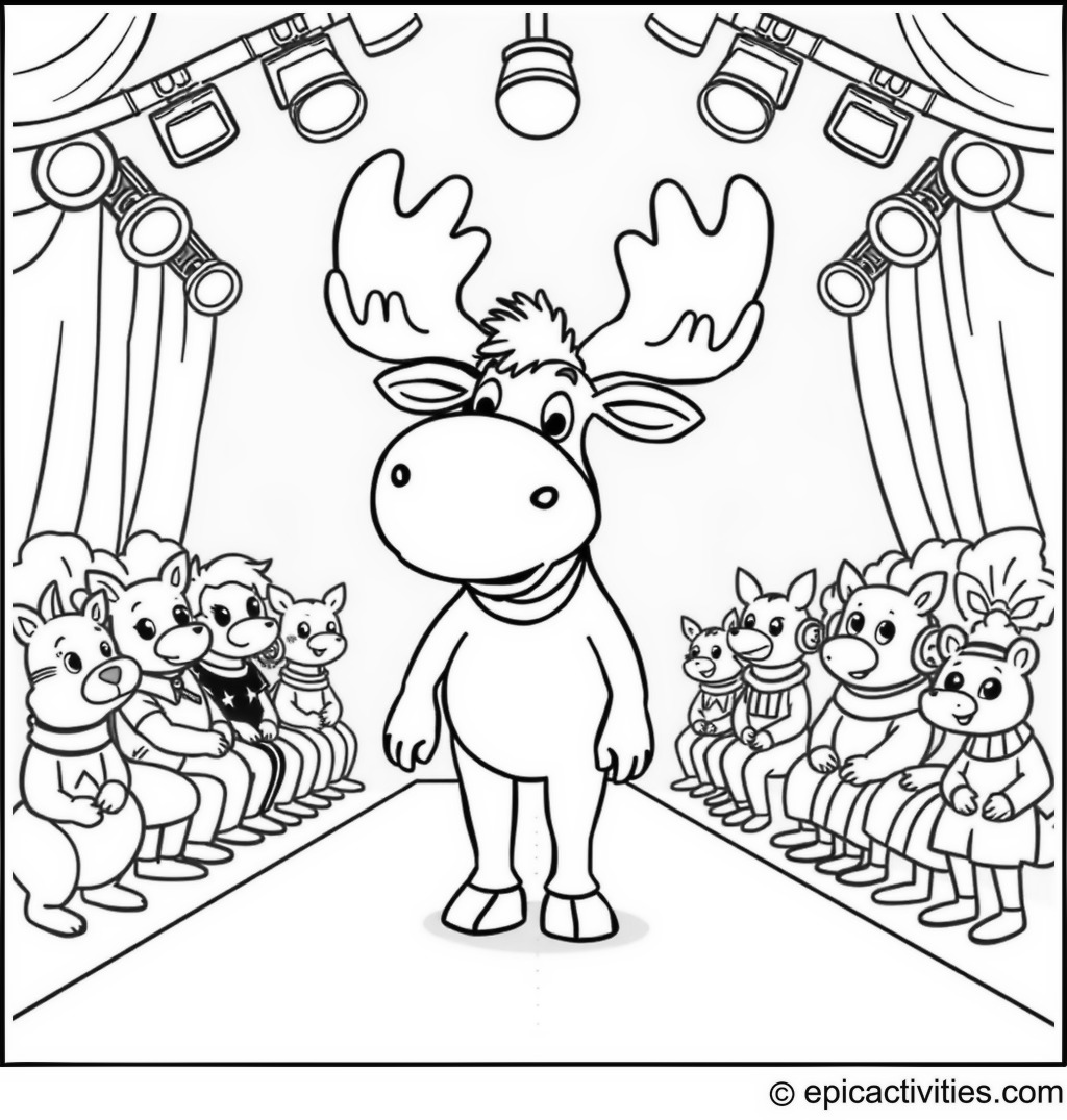 Coloring page of a Whimsical Moose Hosting a Fashion Show