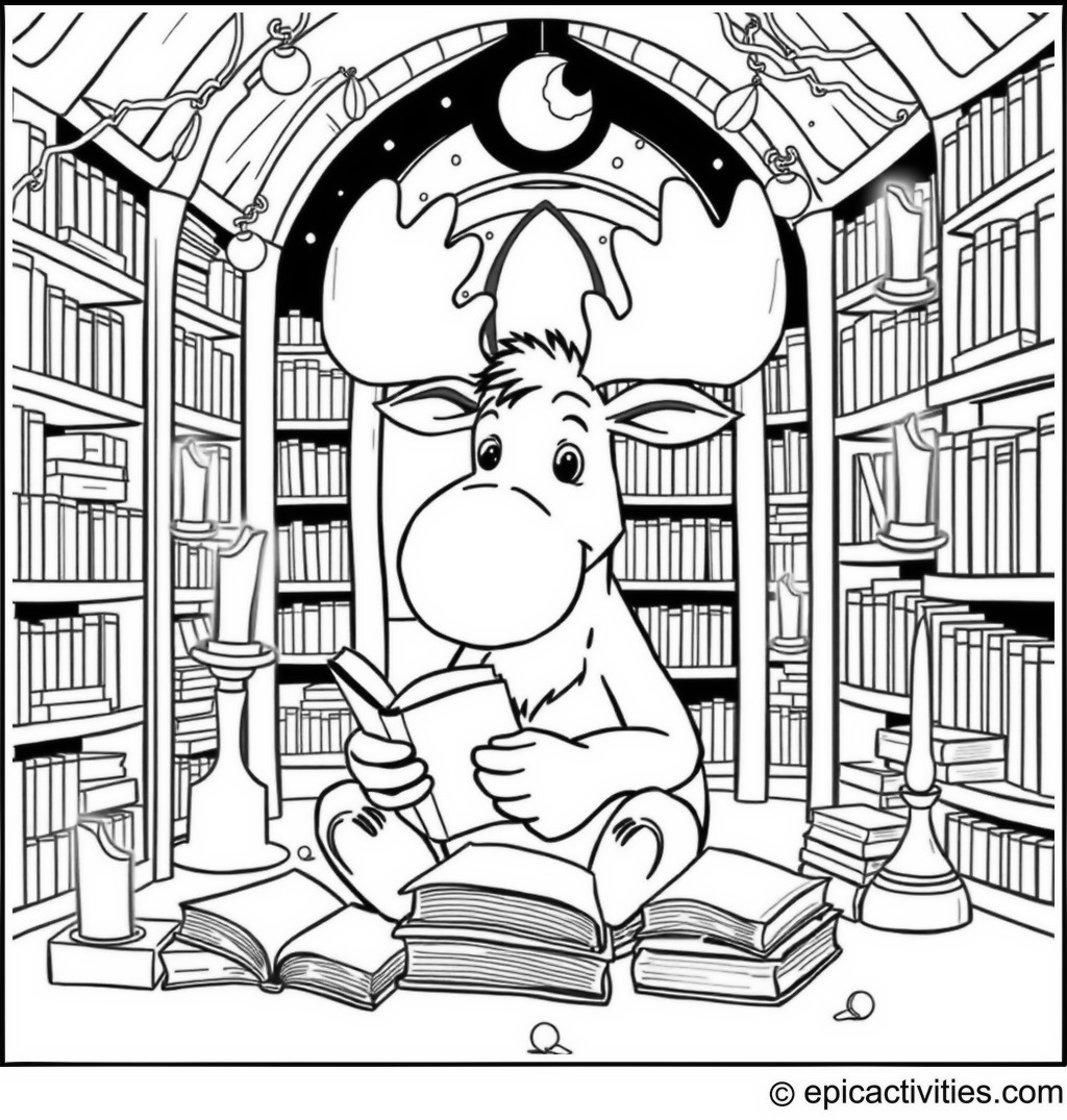 Coloring page of a Whimsical Moose in a Magical Library