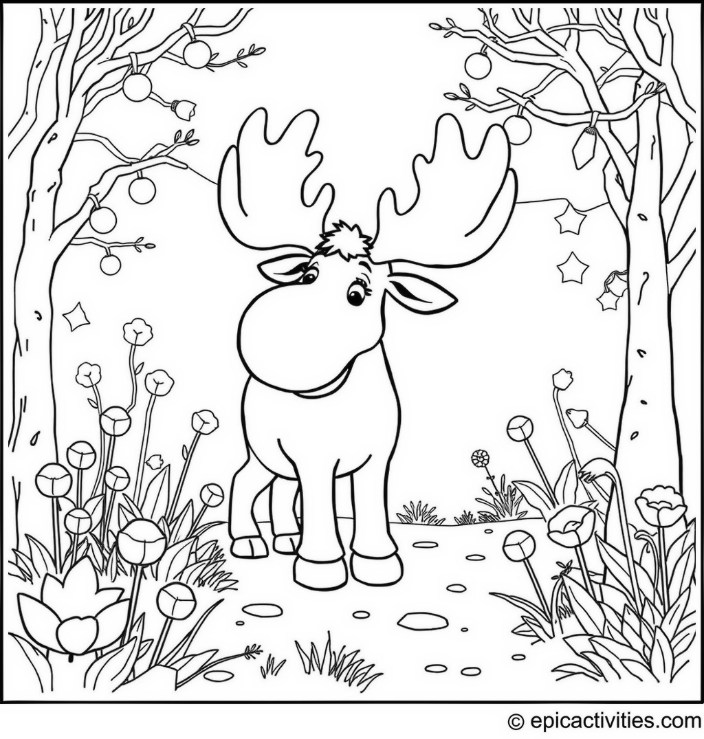 Coloring page of a Whimsical Moose in an Enchanted Garden with Fairy Lights