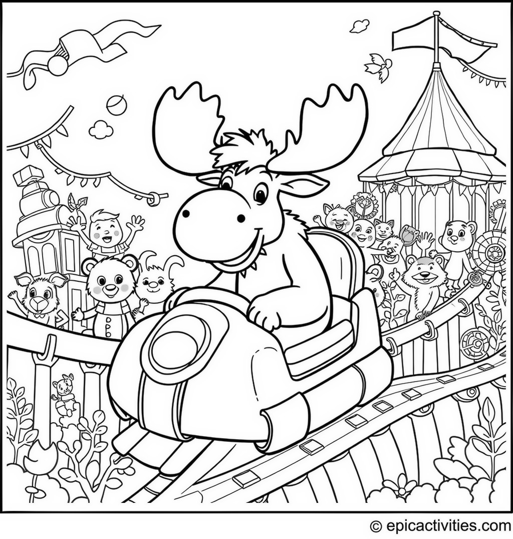 Coloring page of a Whimsical Moose Riding a Roller Coaster in an Amusement Park