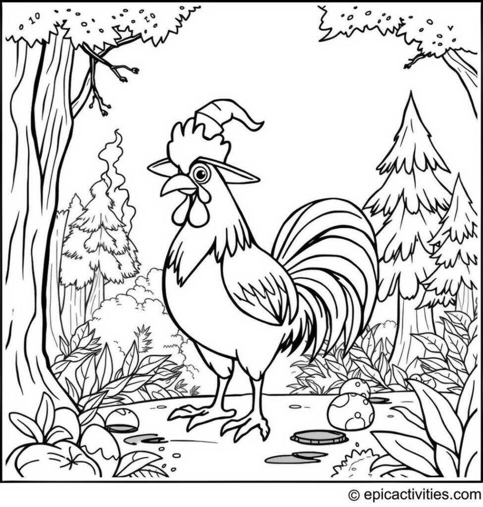 Coloring page of a Wizard Rooster in a Cartoon Forest