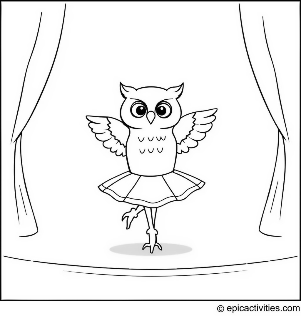 Coloring page of an Adorable Owl Ballerina Twirling on Stage