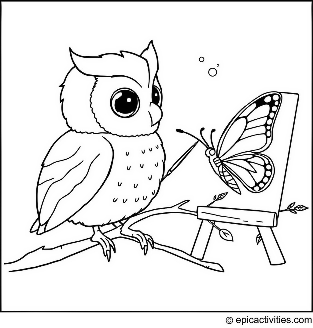 Coloring page of an Adorable Owl Painting a Butterfly with Watercolors