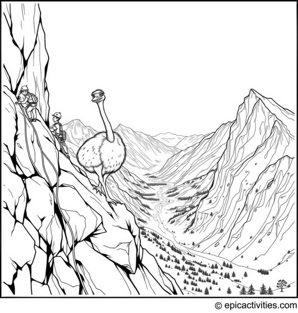 Coloring page of an adventurous ostrich rock climbing in the mountains