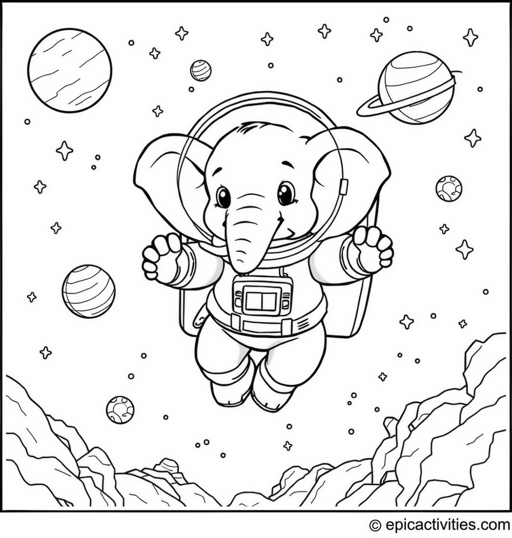 Coloring page of an astronaut elephant in space