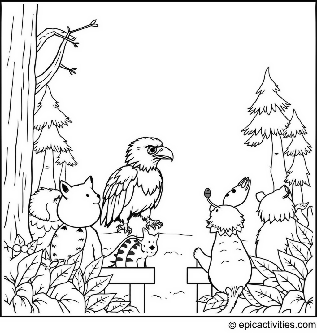 Coloring page of an Eagle Teaching a Forest Animal Classroom