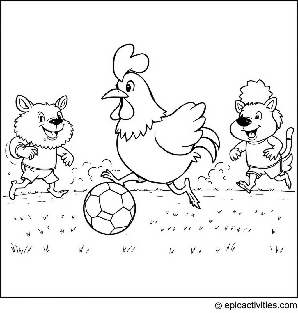 Coloring Page of an Exciting Soccer Match with Cartoon Chicken and Animal Teammates