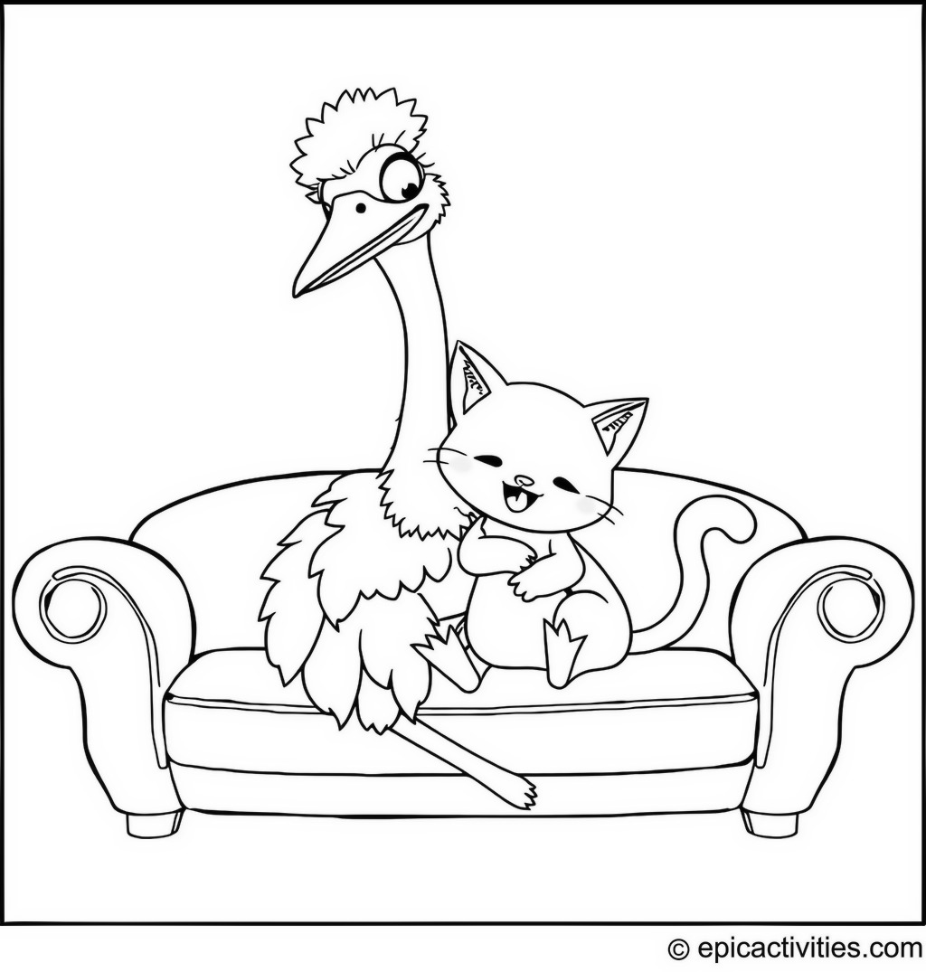 Coloring page of an Ostrich Cuddling with a Cute Cat on a Couch